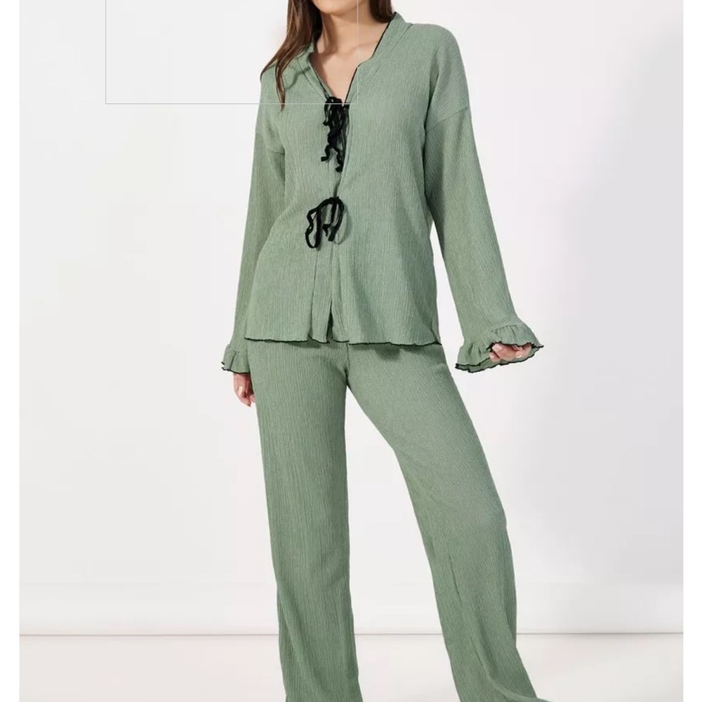 Green Loungewear Set with Ruffle Details